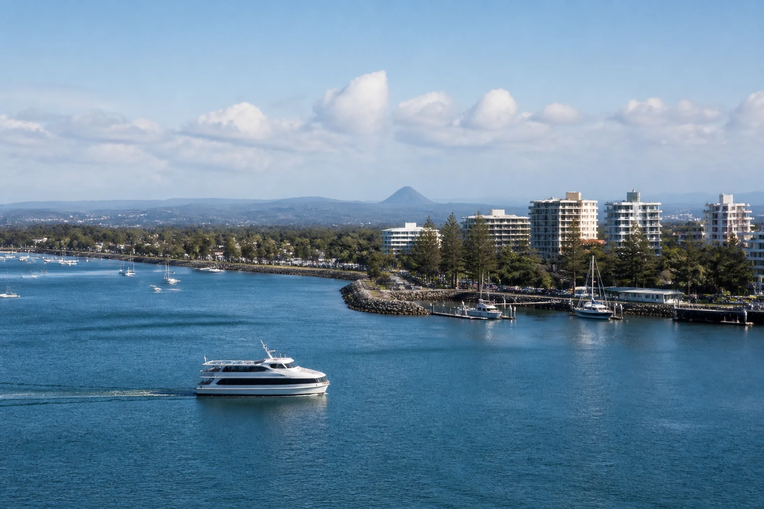 Representative cruise port destination view: Mooloolaba, Australia; passenger waterfront and harbor water, not an exact landmark photograph.