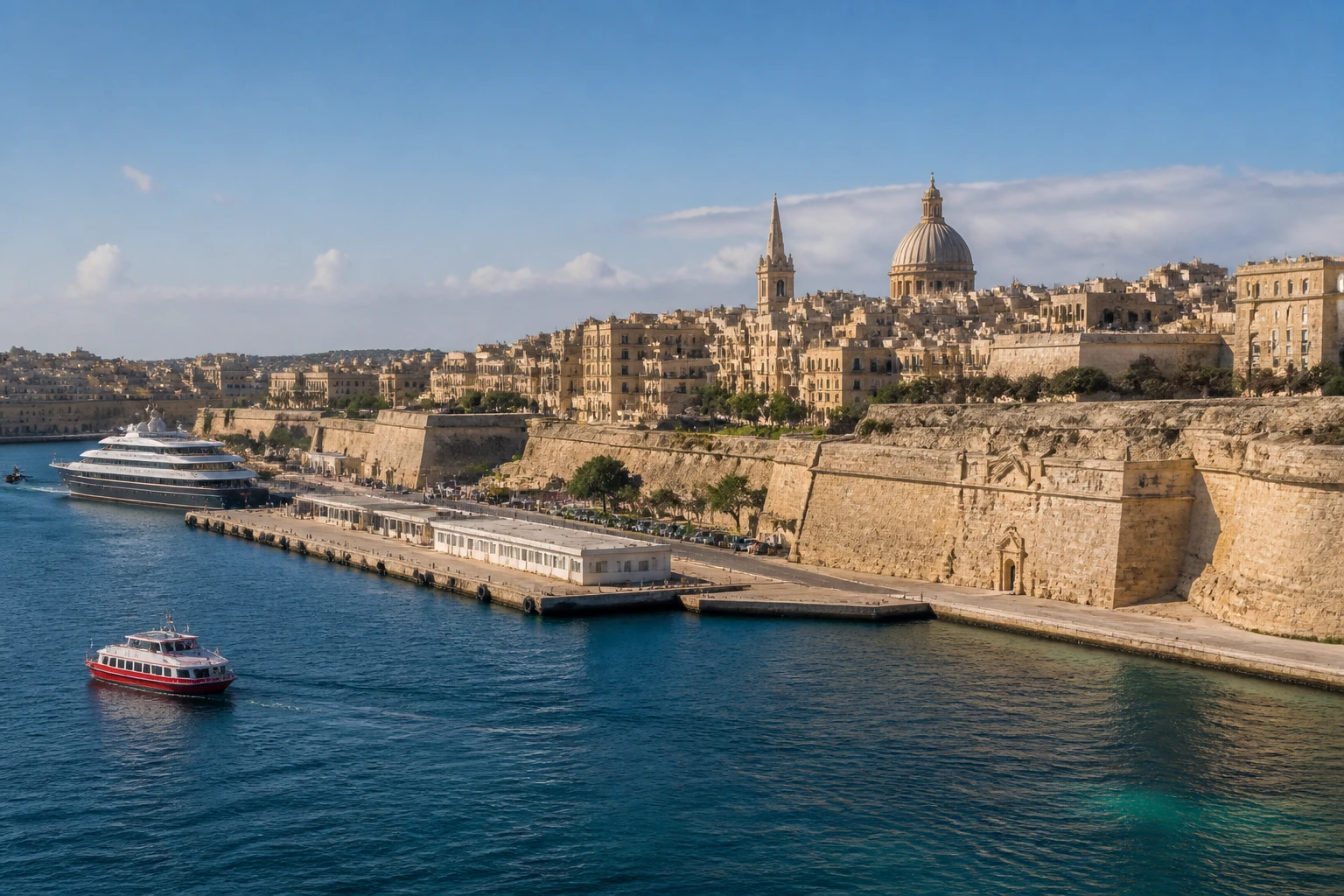 Representative cruise port destination view: Valletta, Malta; passenger waterfront and harbor water, not an exact landmark photograph.