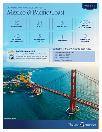 Holland America Mexico and Pacific Coast cruise itinerary flyer featuring the Golden Gate Bridge and 2027–2028 sailing information.