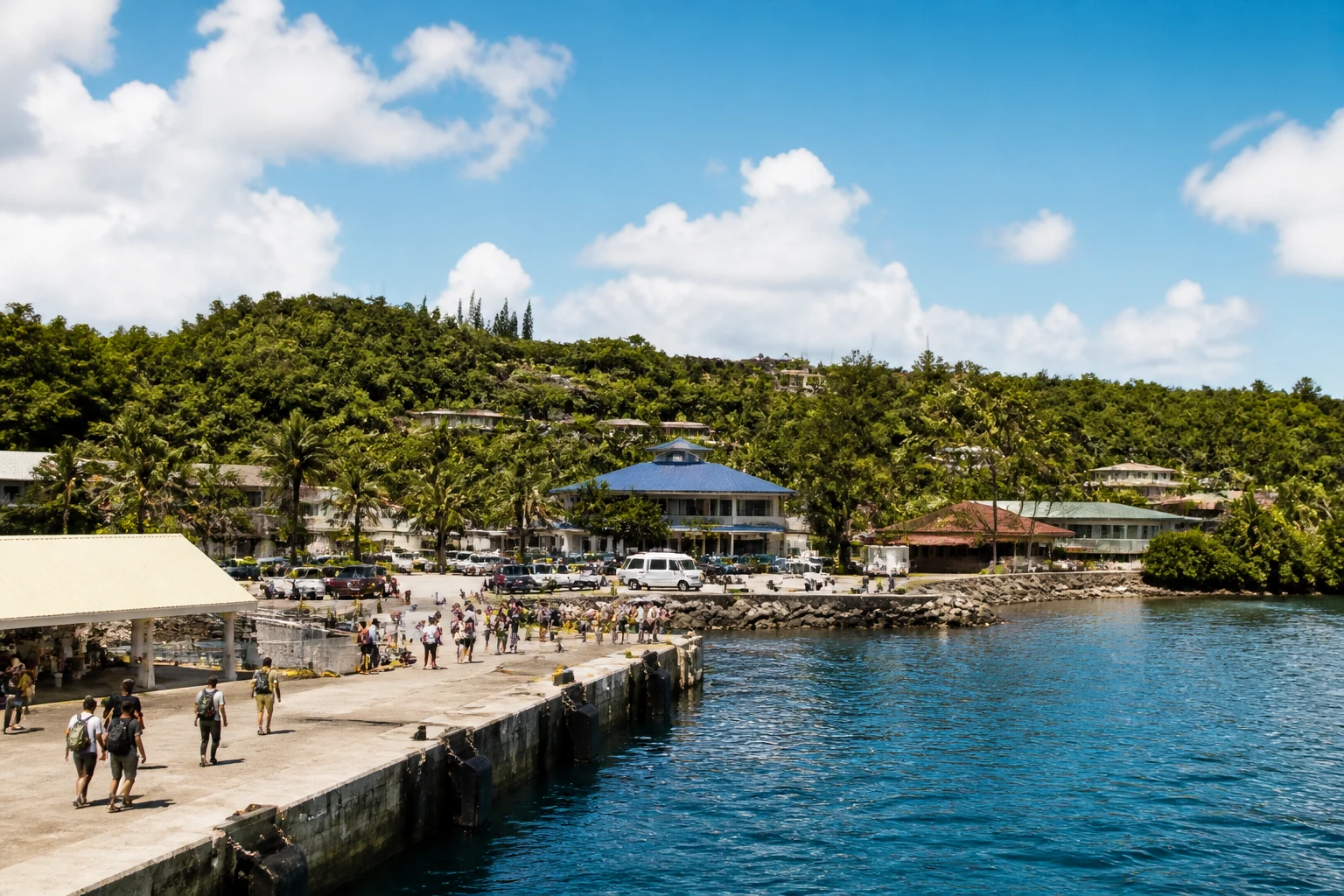 Representative cruise port destination view: Alofi, Niue; passenger waterfront and harbor water, not an exact landmark photograph.