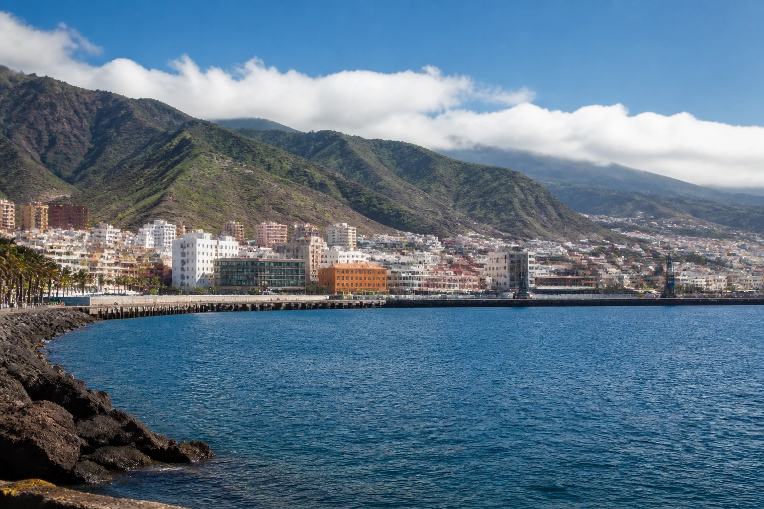 Representative cruise port destination view: La Palma, Spain; passenger waterfront and harbor water, not an exact landmark photograph.