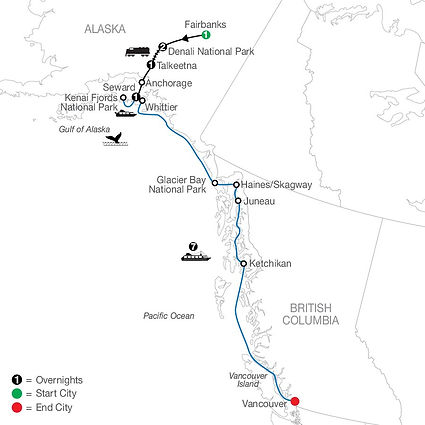 Official Globus route map for Nature's Best: Alaska with Alaska Cruise, traveling from Fairbanks to Vancouver