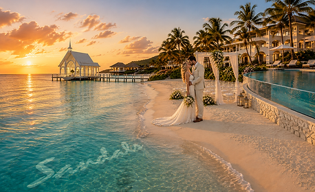 Sandals resort on tropical beach with bride and groom enjoying a kiss against a sunset and elegant wedding chapel on the beach.