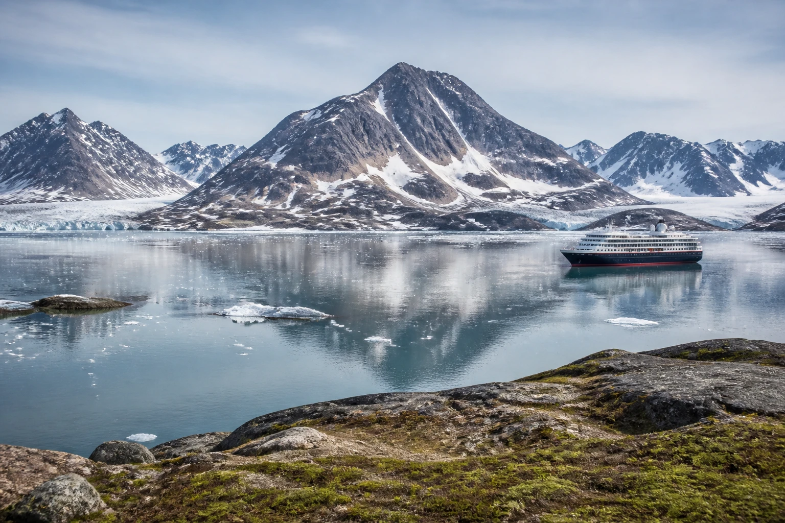 Representative arctic destination view: Greenland; Arctic terrain and seasonally plausible light, not an exact landmark photograph.