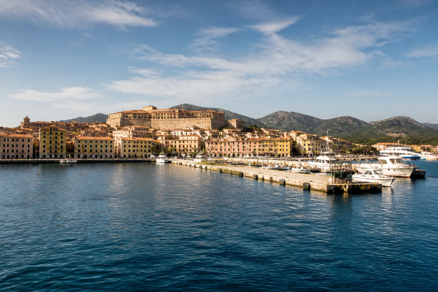 Representative cruise port destination view: Portoferraio, Italy; passenger waterfront and harbor water, not an exact landmark photograph.