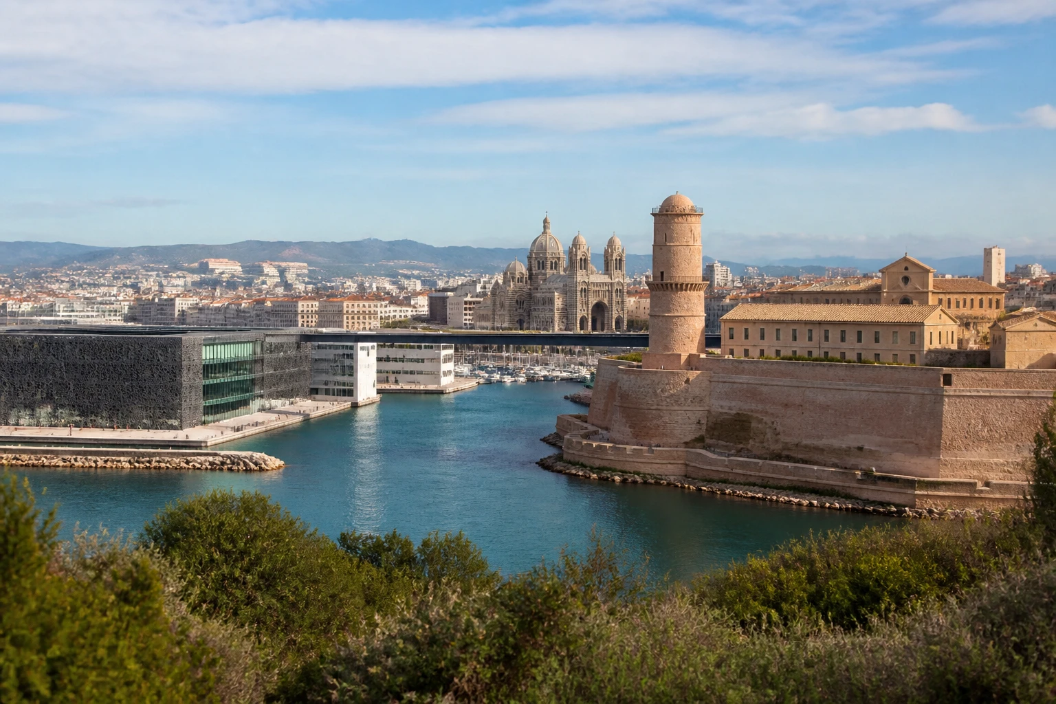 Representative city destination view: Marseille, France; passenger waterfront and harbor water, not an exact landmark photograph.
