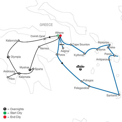 Official Globus route map for Legendary Greece with Jewels of the Cyclades Cruise, traveling from Athens to Athens