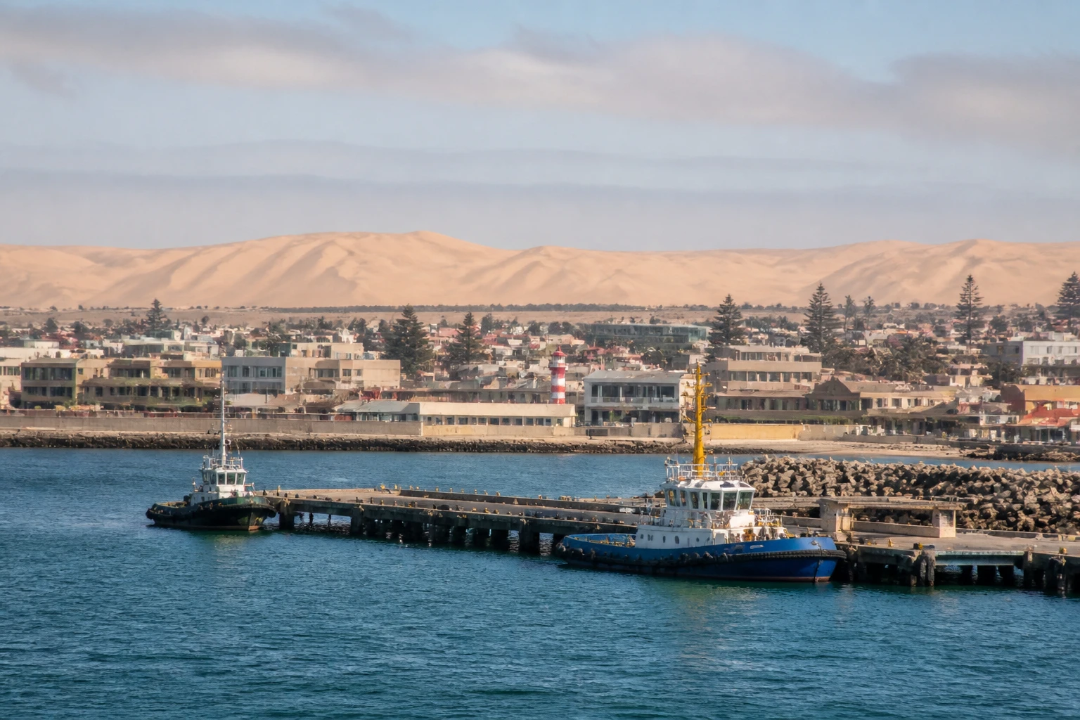 Representative cruise port destination view: Walvis Bay, Namibia; passenger waterfront and harbor water, not an exact landmark photograph.