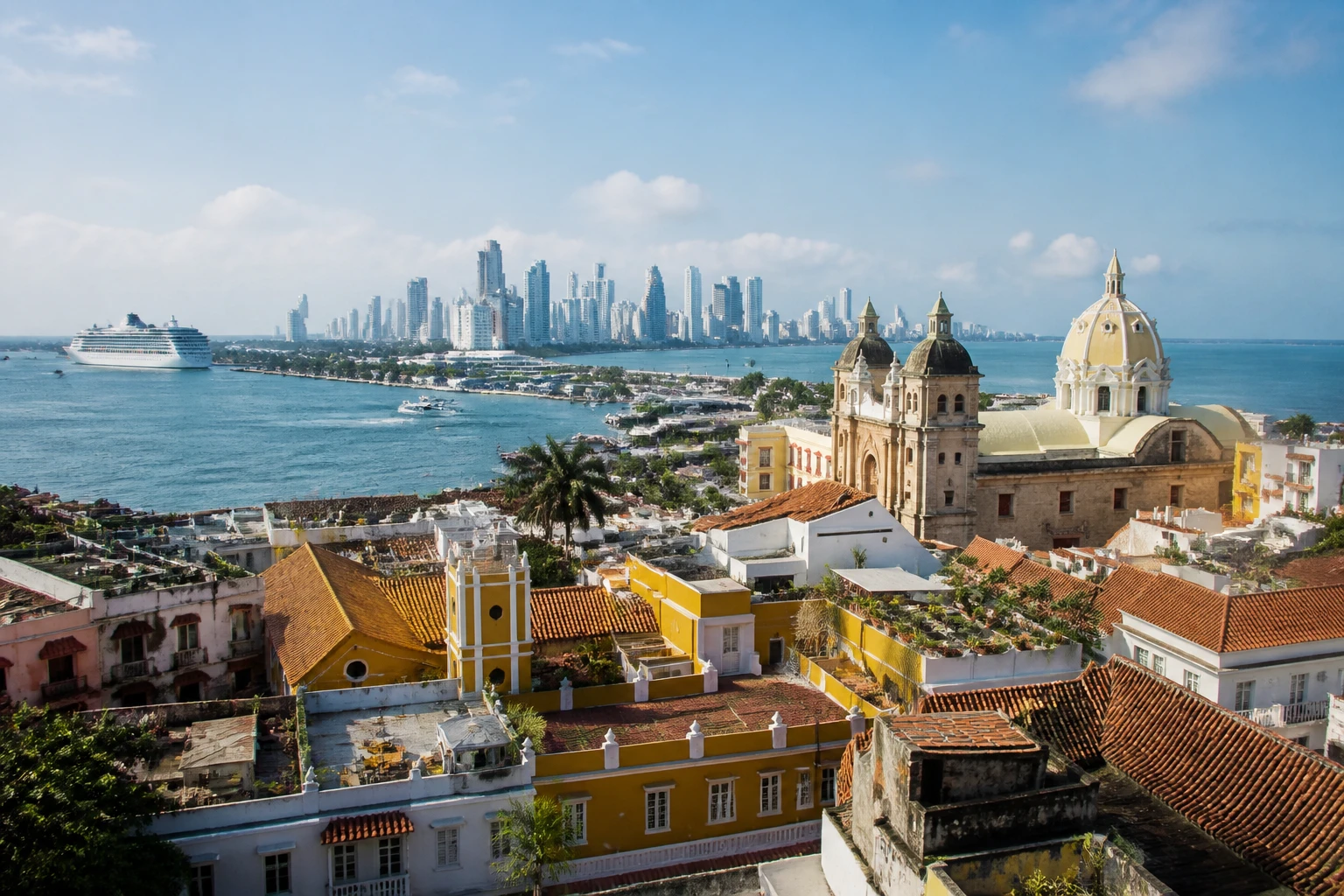 Representative city destination view: Cartagena, Colombia; passenger waterfront and harbor water, not an exact landmark photograph.
