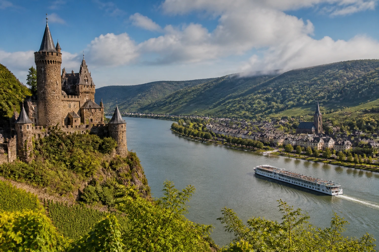 Representative river destination view: Rhine Valley, Germany; inland water, regional terrain, and vegetation, not an exact landmark photograph.