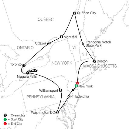 Official Globus route map for Eastern US and Canada Discovery with New York City, traveling from New York City to New York City