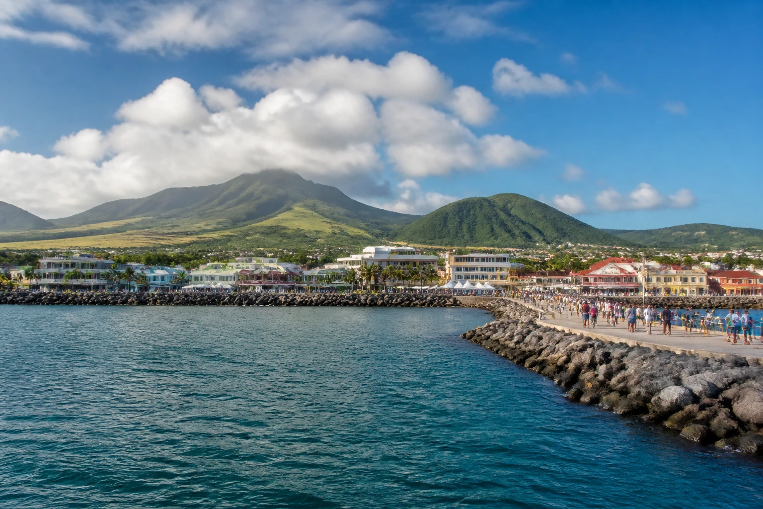 Representative cruise port destination view: Basseterre, Saint Kitts and Nevis; passenger waterfront and harbor water, not an exact landmark photograph.