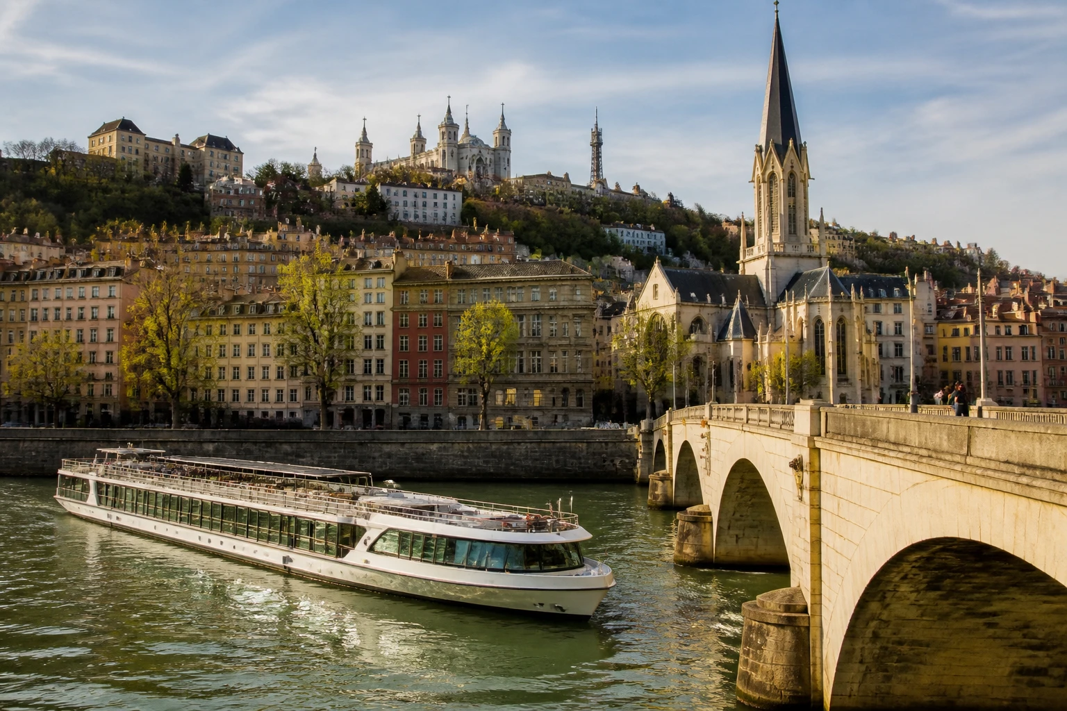 Representative river destination view of Lyon in France, with inland water, regional terrain, vegetation, and natural light; not an exact landmark photograph.