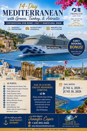 Sun Princess 14-day Mediterranean cruise flyer featuring Greece, Turkey, the Adriatic, Barcelona, and June 2028 sailing details.