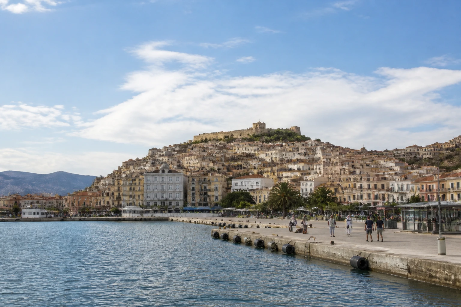 Representative cruise port destination view: Kavala, Greece; passenger waterfront and harbor water, not an exact landmark photograph.