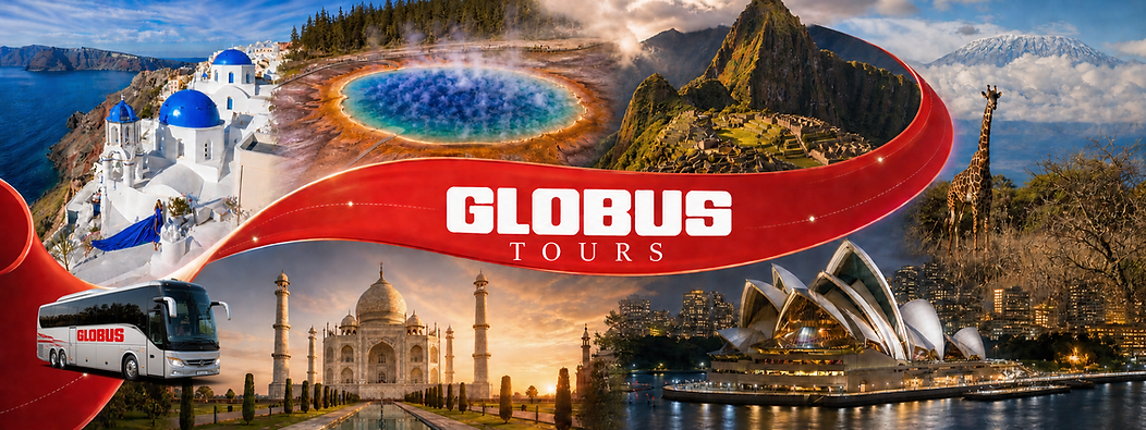 Collage of scenery representing the six regions of Globus tours - Europe, North and South America, the South Pacific, Asia, and Africa