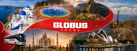 GLOBUS Banner with tour collage featuring Yosemite, Rome, Santori Greece