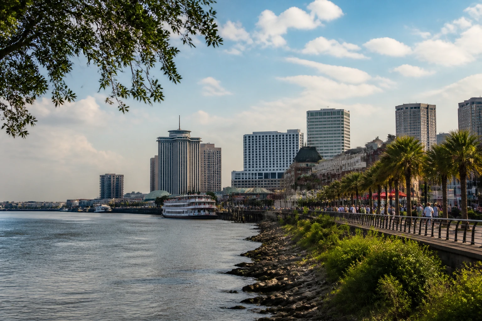 Representative city destination view: New Orleans, United States; passenger waterfront and harbor water, not an exact landmark photograph.