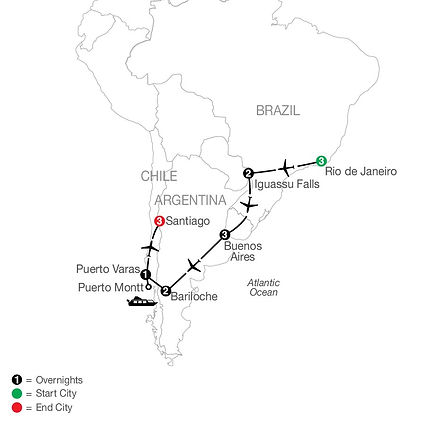 Official Globus route map for South American Odyssey, traveling from Rio de Janeiro to Santiago