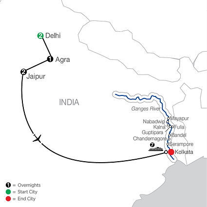 Official Globus route map for Heritage of India & the Ganges River, traveling from Delhi to Kolkata