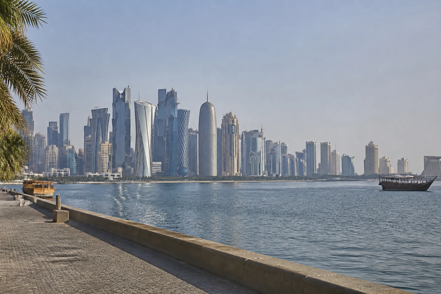 Representative city destination view: Doha, Qatar; passenger waterfront and harbor water, not an exact landmark photograph.
