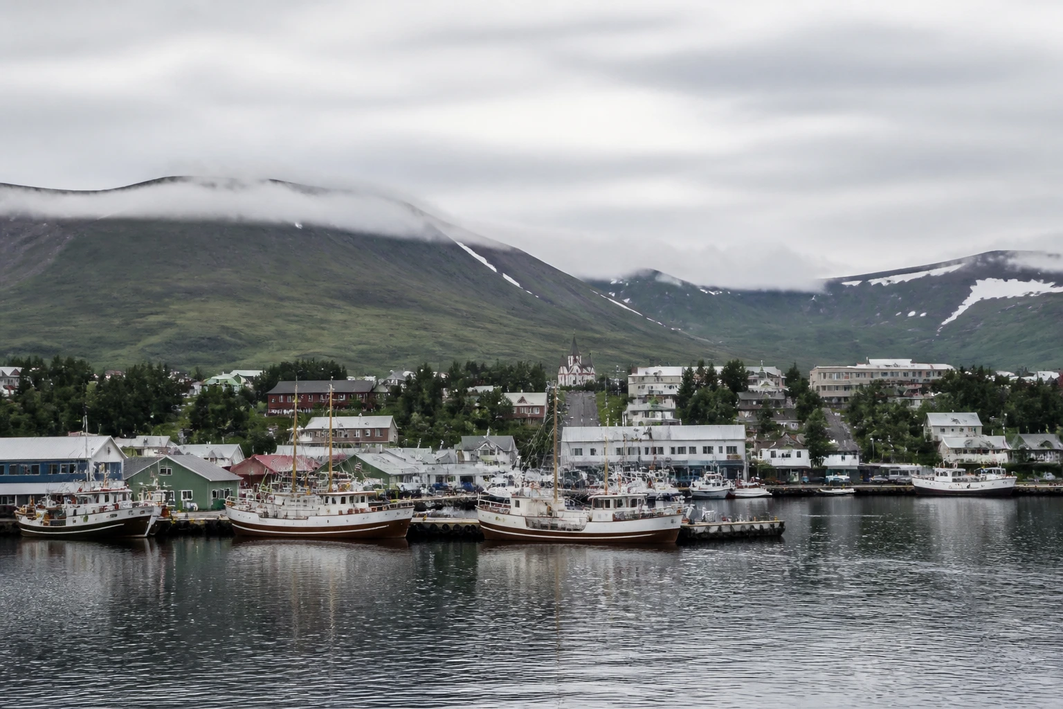 Representative cruise port destination view: Husavik, Iceland; passenger waterfront and harbor water, not an exact landmark photograph.