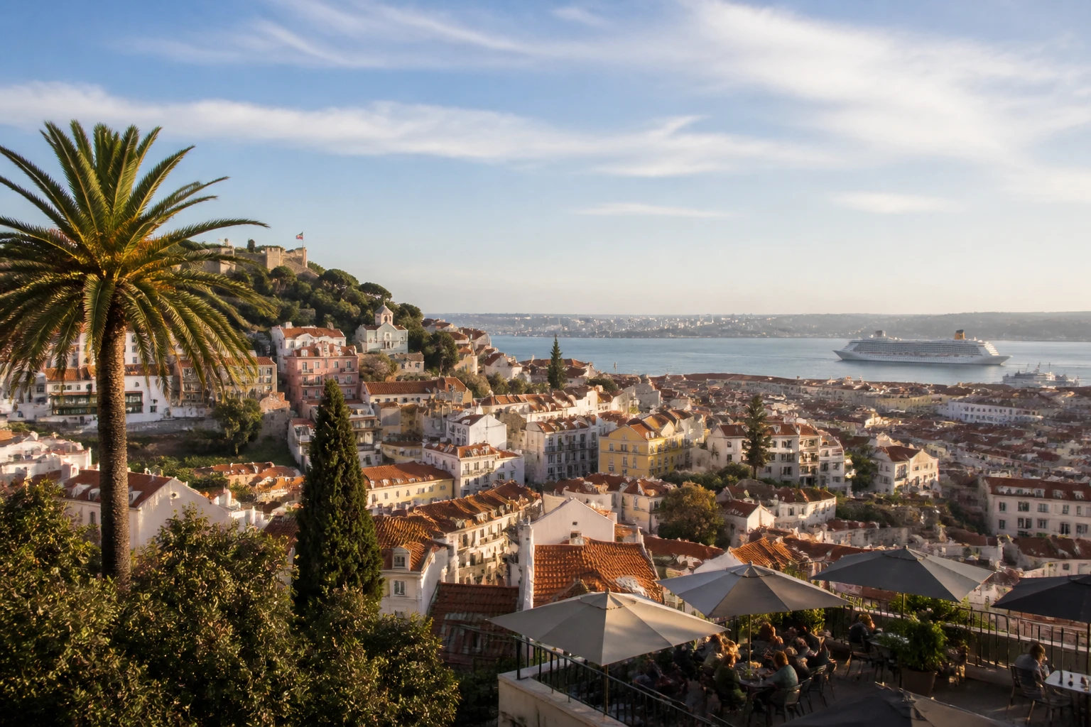 Representative city destination view: Lisbon, Portugal; passenger waterfront and harbor water, not an exact landmark photograph.