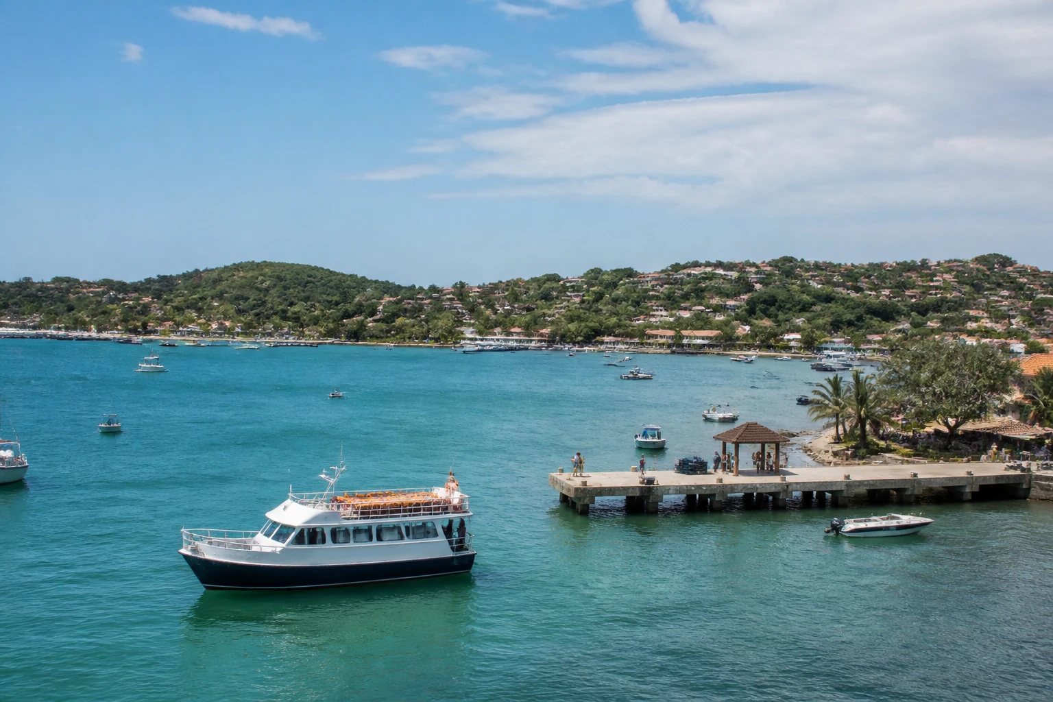 Representative cruise port destination view: Búzios, Brazil; passenger waterfront and harbor water, not an exact landmark photograph.