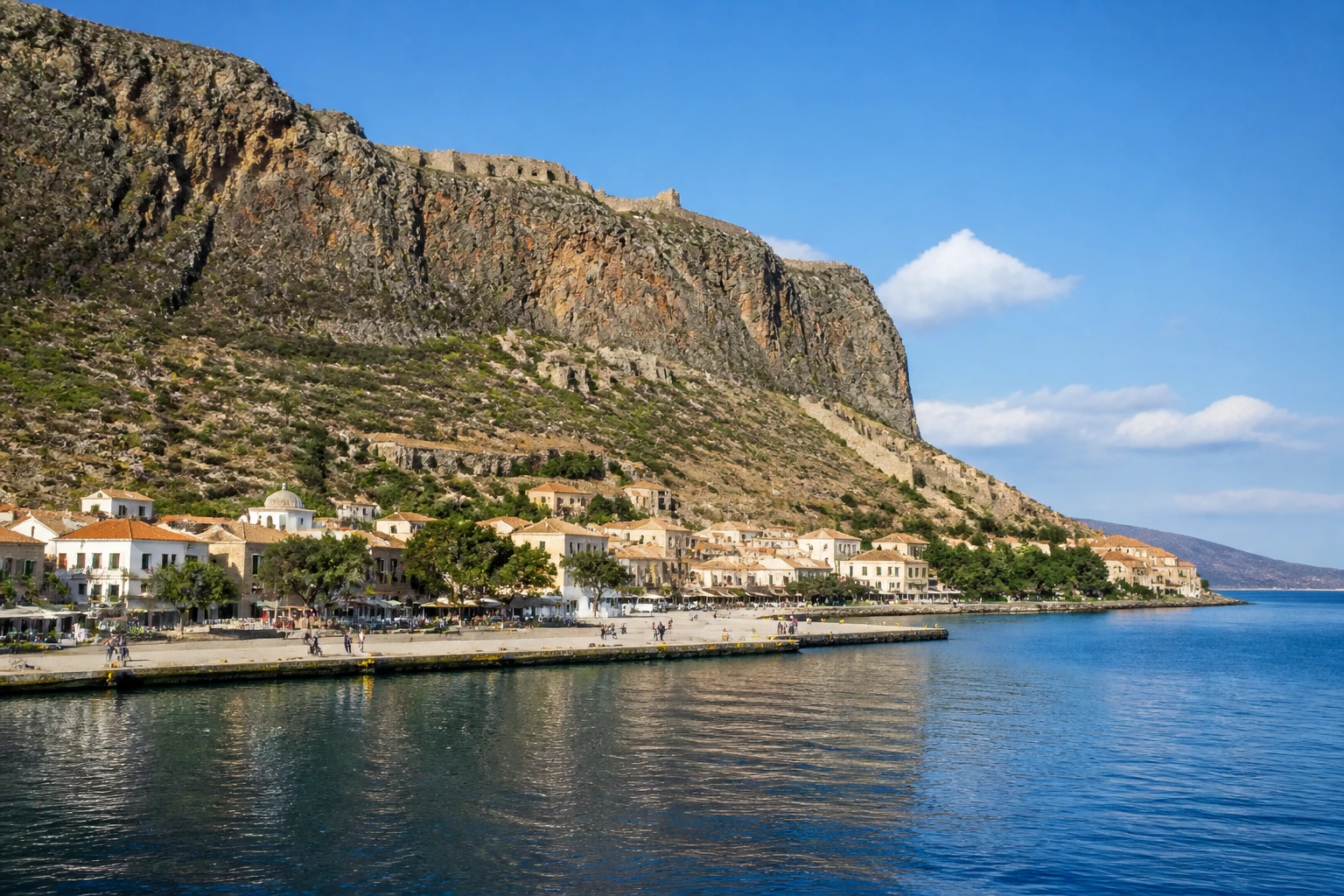 Representative cruise port destination view: Monemvasia, Greece; passenger waterfront and harbor water, not an exact landmark photograph.