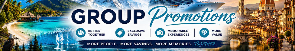 Group travel promotions banner featuring a tropical beach, Alaska glacier and mountains, luxury cruise ship, and Florence, Italy, highlighting group savings and memorable experiences.