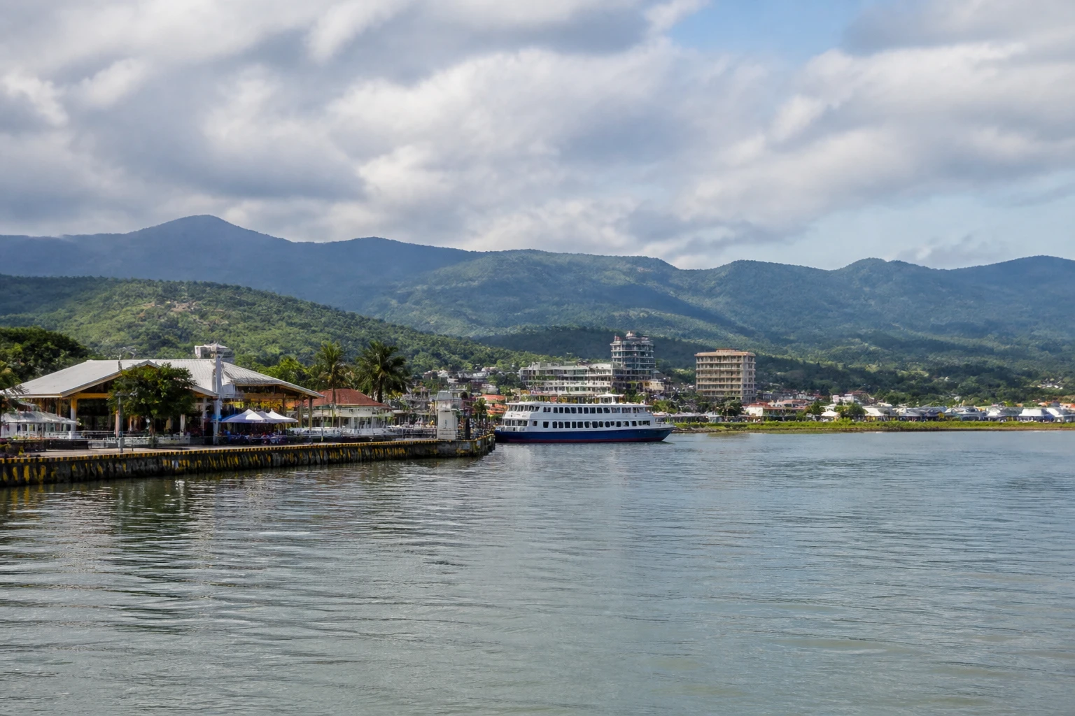 Representative cruise port destination view: Puerto Princesa, Philippines; passenger waterfront and harbor water, not an exact landmark photograph.