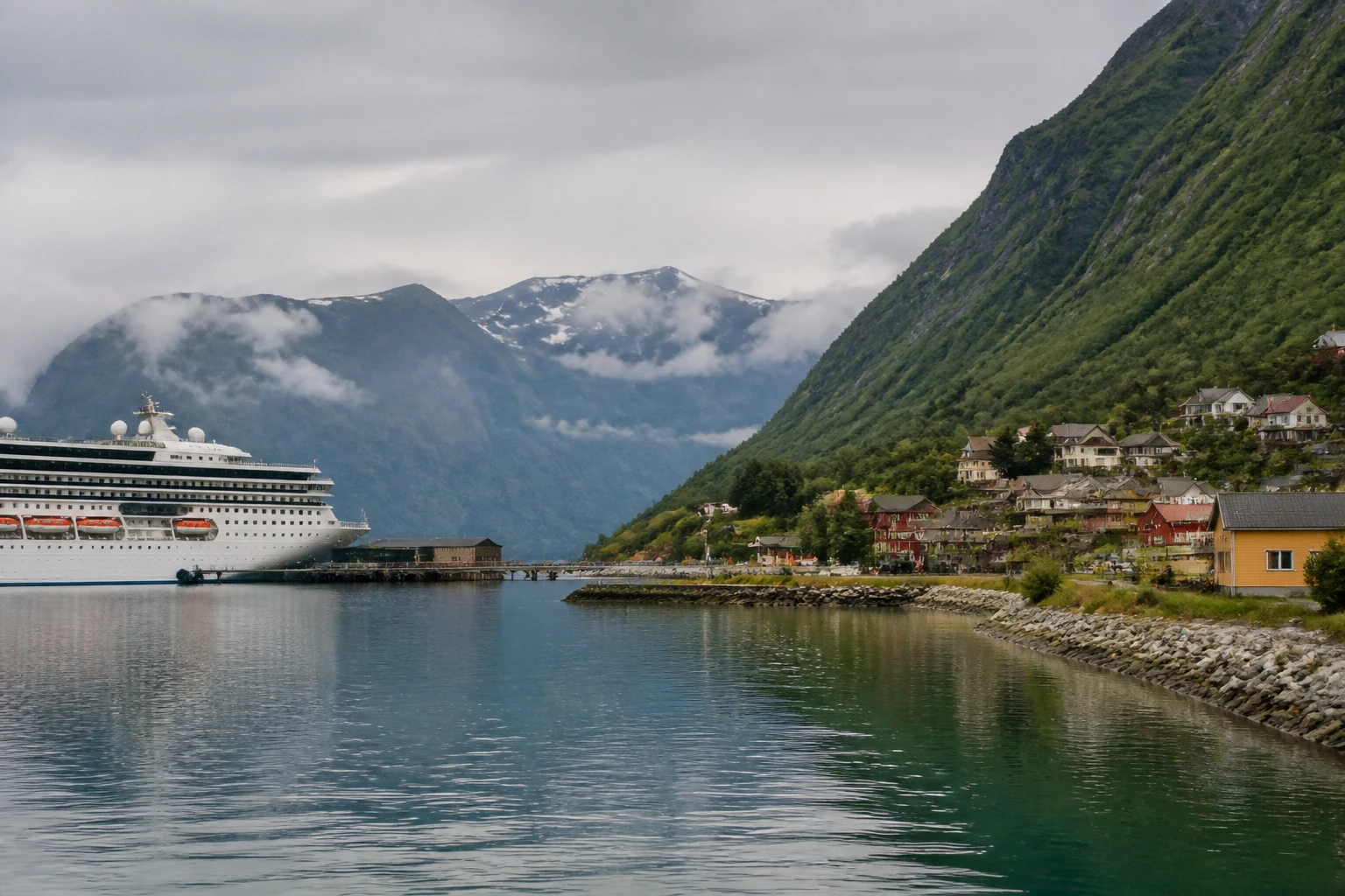Representative cruise port destination view: Skjolden, Norway; passenger waterfront and harbor water, not an exact landmark photograph.