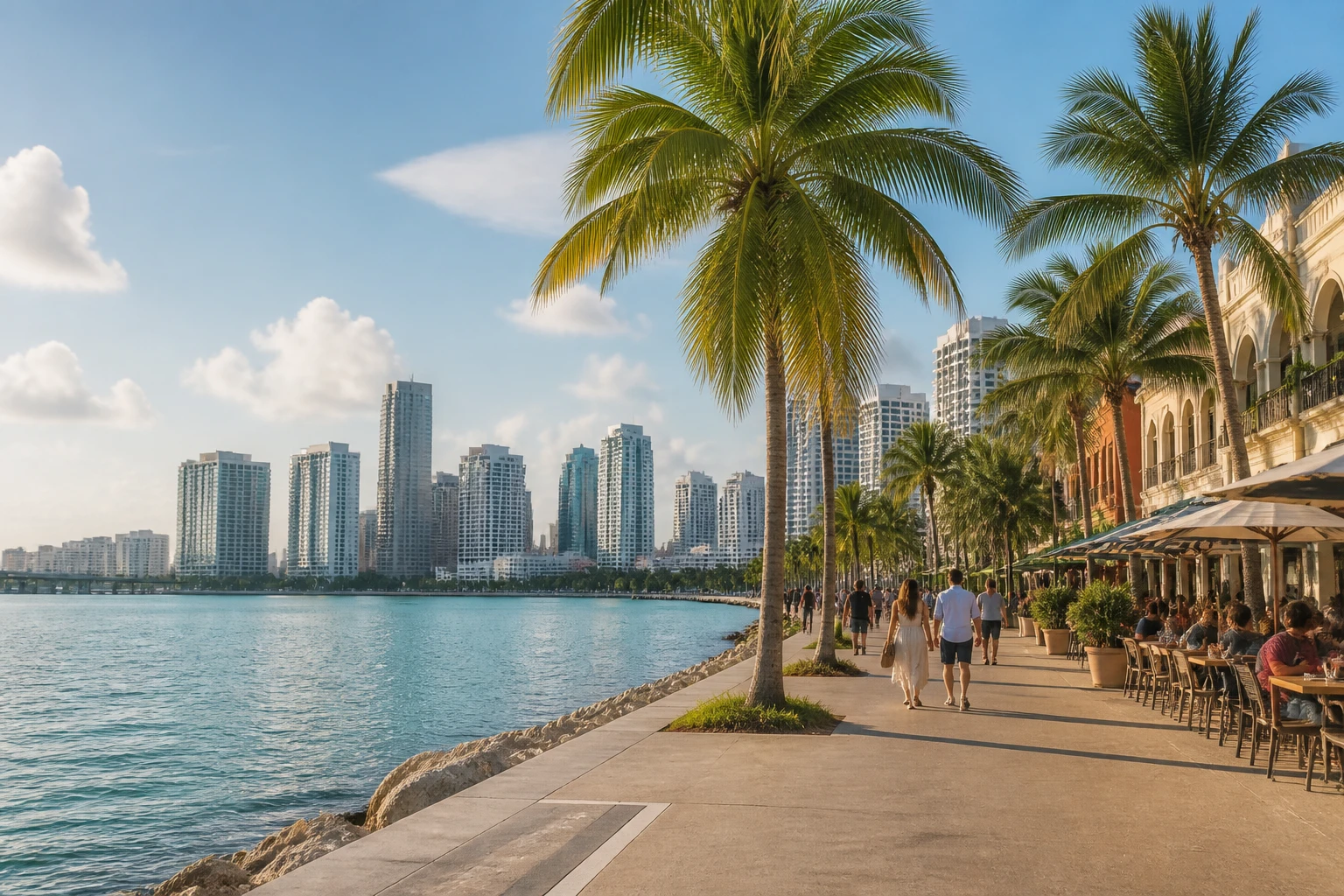 Representative city destination view: Miami, United States; passenger waterfront and harbor water, not an exact landmark photograph.