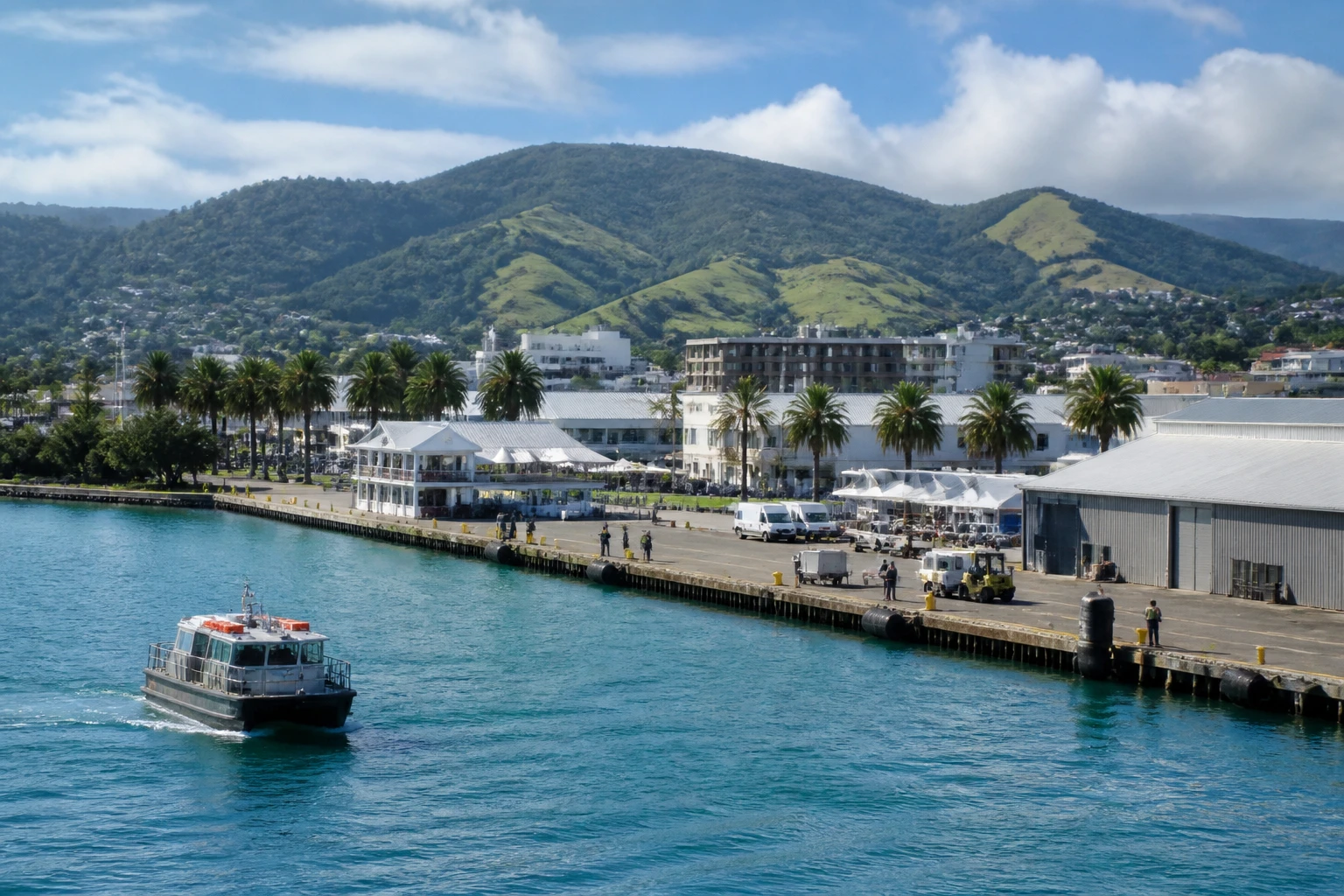 Representative cruise port destination view: Gisborne, New Zealand; passenger waterfront and harbor water, not an exact landmark photograph.