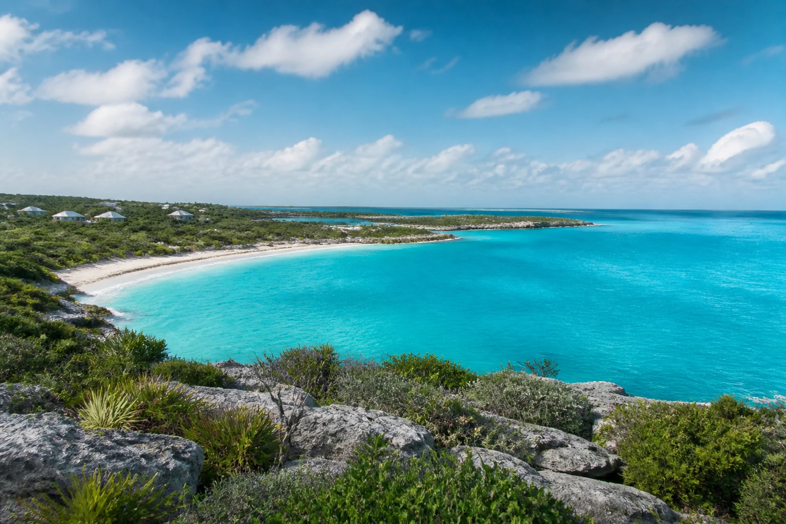 Representative island destination view: Exuma, Bahamas; coastline and regional vegetation, not an exact landmark photograph.