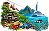 Caribbean excursions featuring a Jeep tour, ziplining, catamaran sailing, snorkeling, coral reefs and a sea turtle