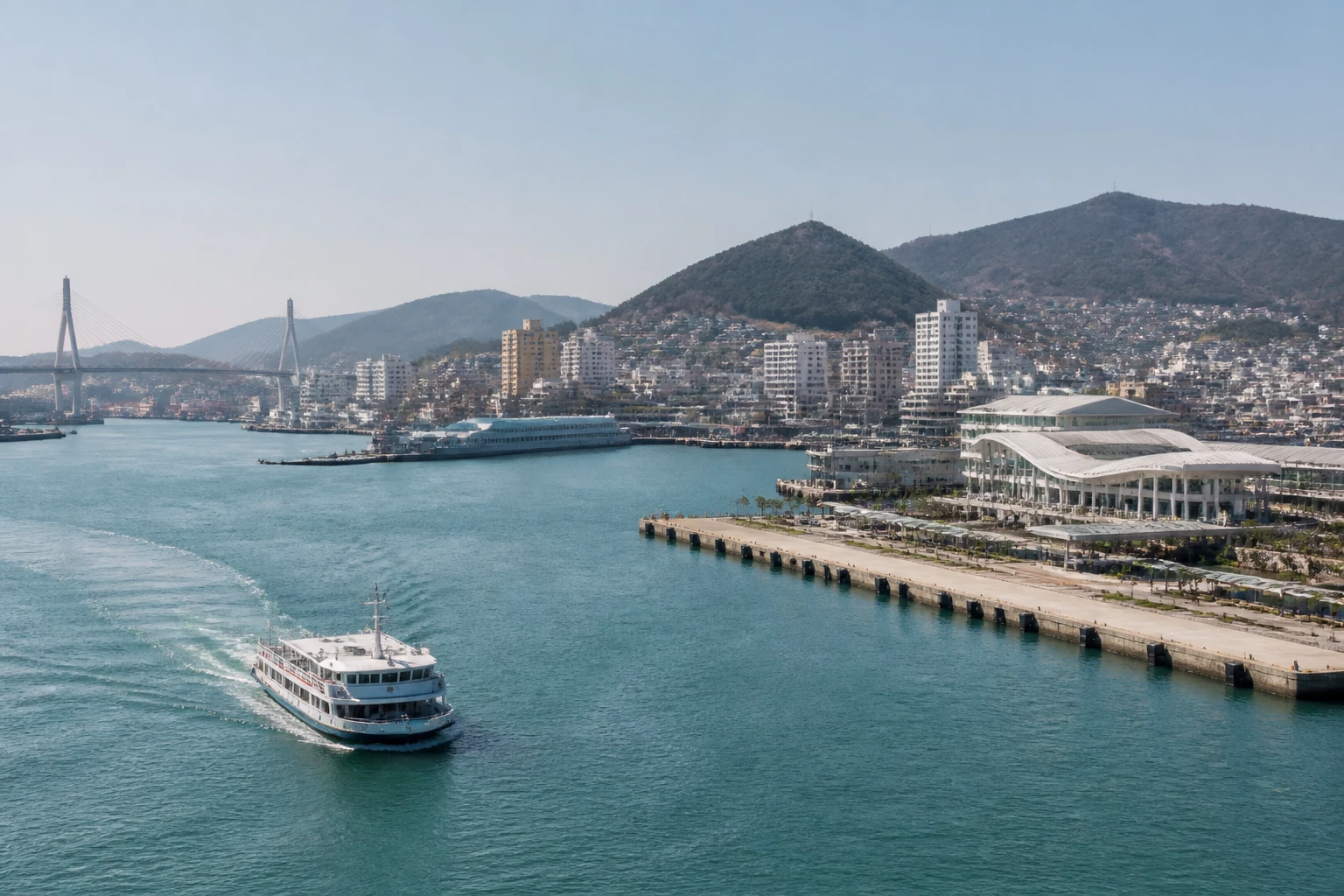 Representative cruise port destination view: Yeosu, South Korea; passenger waterfront and harbor water, not an exact landmark photograph.