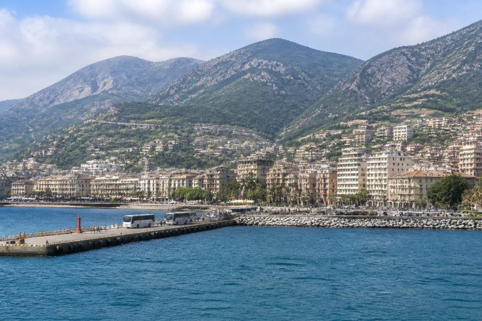 Representative cruise port destination view: Salerno, Italy; passenger waterfront and harbor water, not an exact landmark photograph.