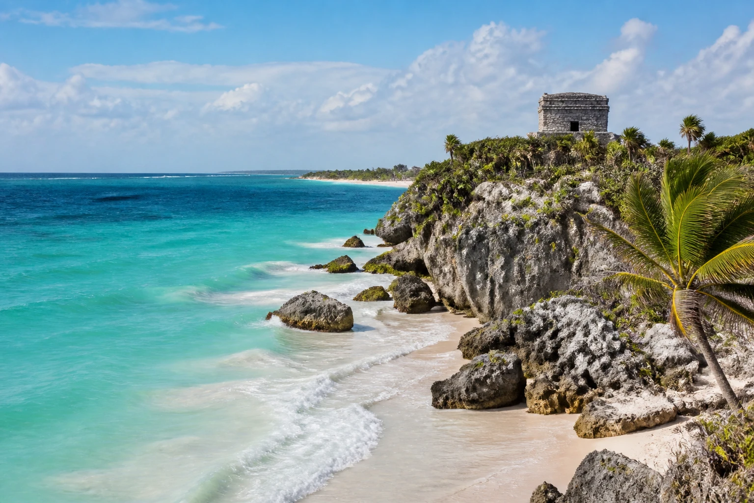 Representative coastal destination view: Tulum, Mexico; coastline and regional vegetation, not an exact landmark photograph.