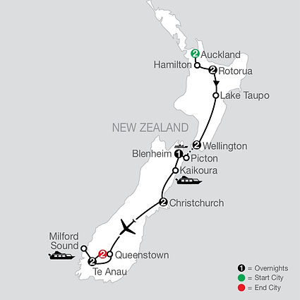 Official Globus route map for Treasures of New Zealand: Heritage, Vines and Vistas, traveling from Auckland to Queenstown