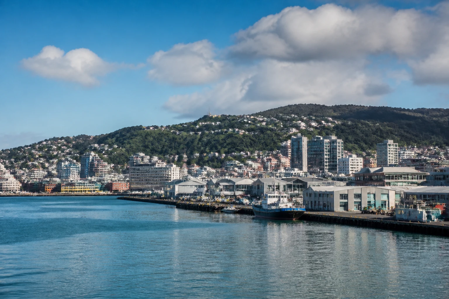 Representative cruise port destination view: Wellington, New Zealand; passenger waterfront and harbor water, not an exact landmark photograph.
