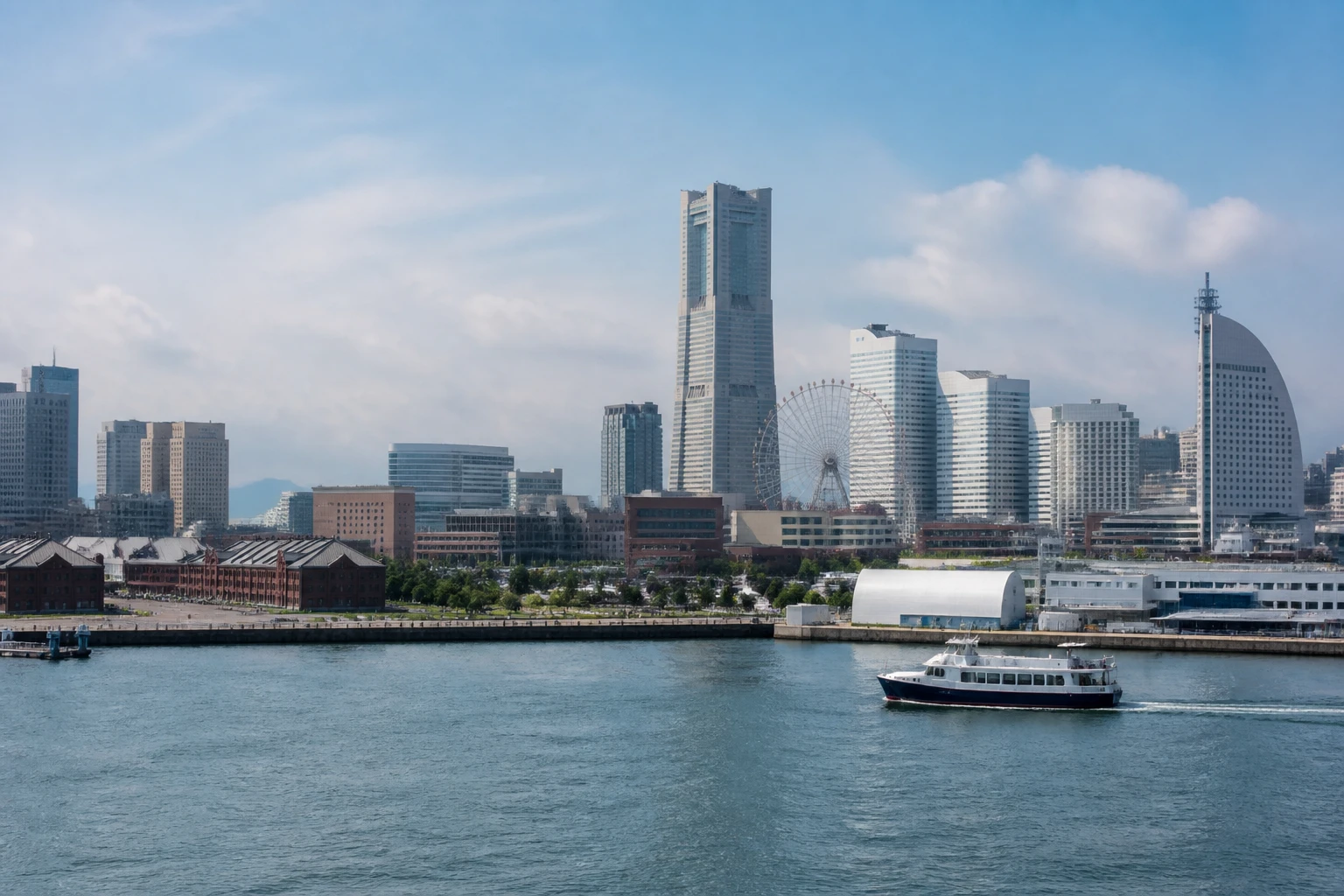 Representative cruise port destination view: Yokohama, Japan; passenger waterfront and harbor water, not an exact landmark photograph.