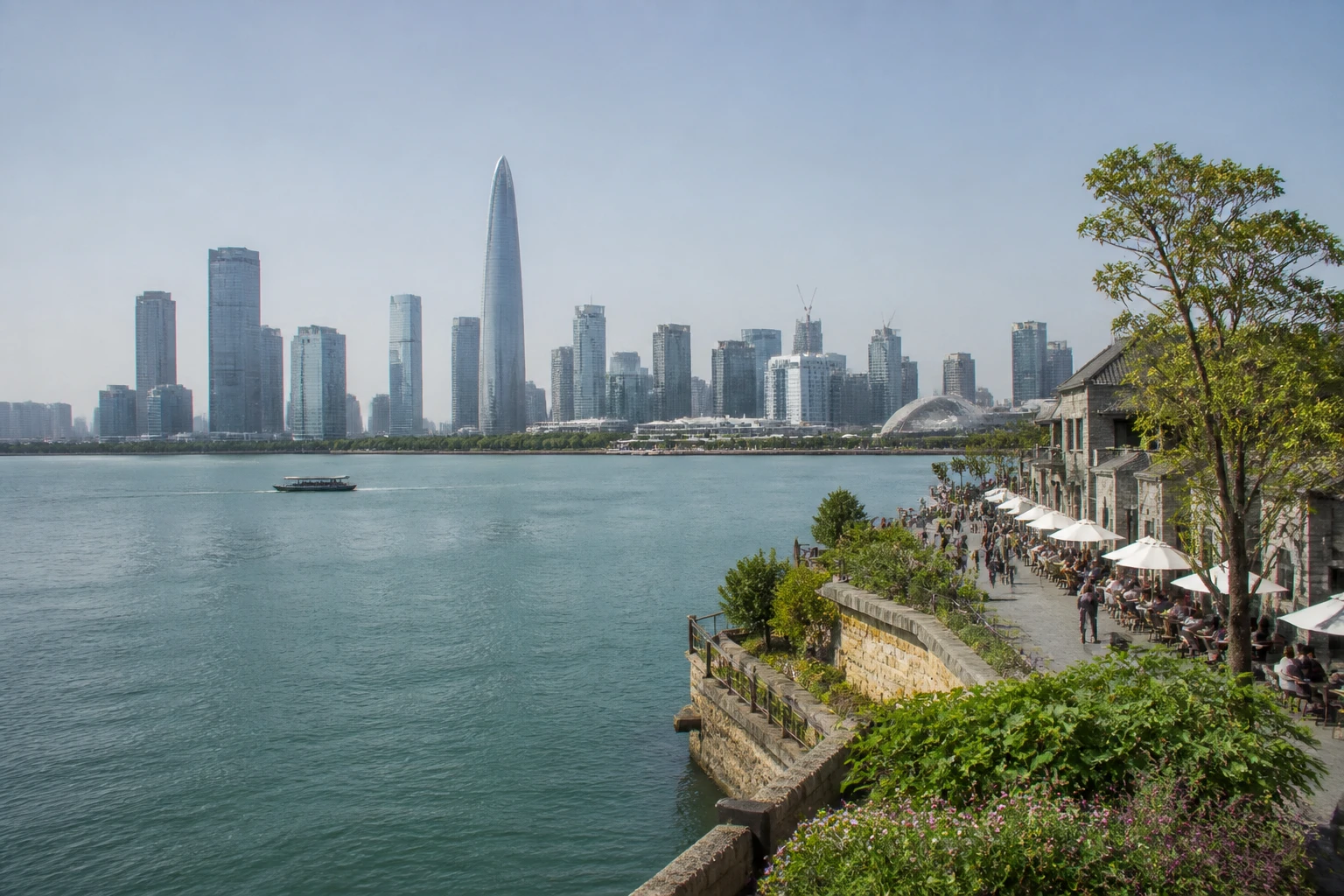Representative city destination view: Shenzhen, China; passenger waterfront and harbor water, not an exact landmark photograph.