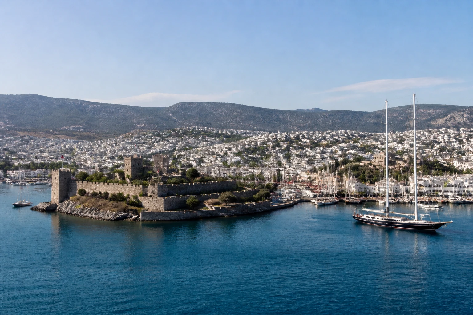 Representative cruise port destination view: Bodrum, Turkiye; passenger waterfront and harbor water, not an exact landmark photograph.