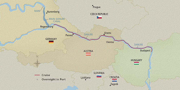 Map of the Viking Christmas on the Danube itinerary from Budapest to Regensburg