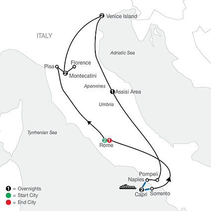 Official Globus route map for The Best of Italy, traveling from Rome to Rome