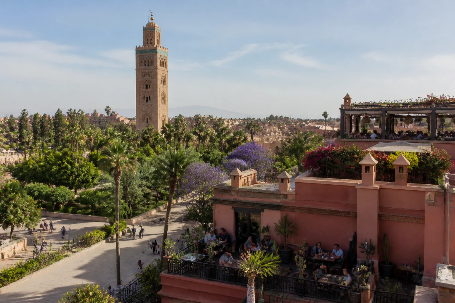 Representative city destination view: Marrakech, Morocco; regional setting and resort-area public space, not an exact landmark photograph.