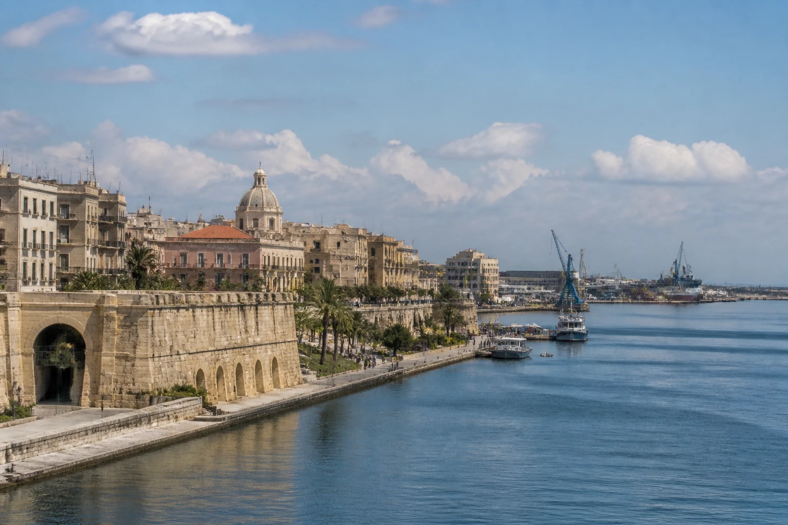 Representative cruise port destination view: Taranto, Italy; passenger waterfront and harbor water, not an exact landmark photograph.