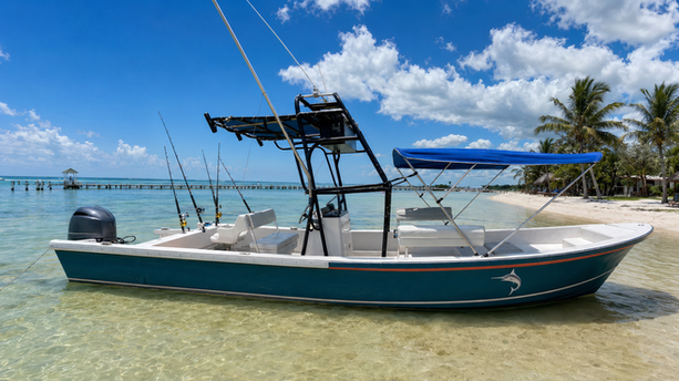 Sport-fishing charter boat equipped with rods near the beach in Costa Maya, Mexico
