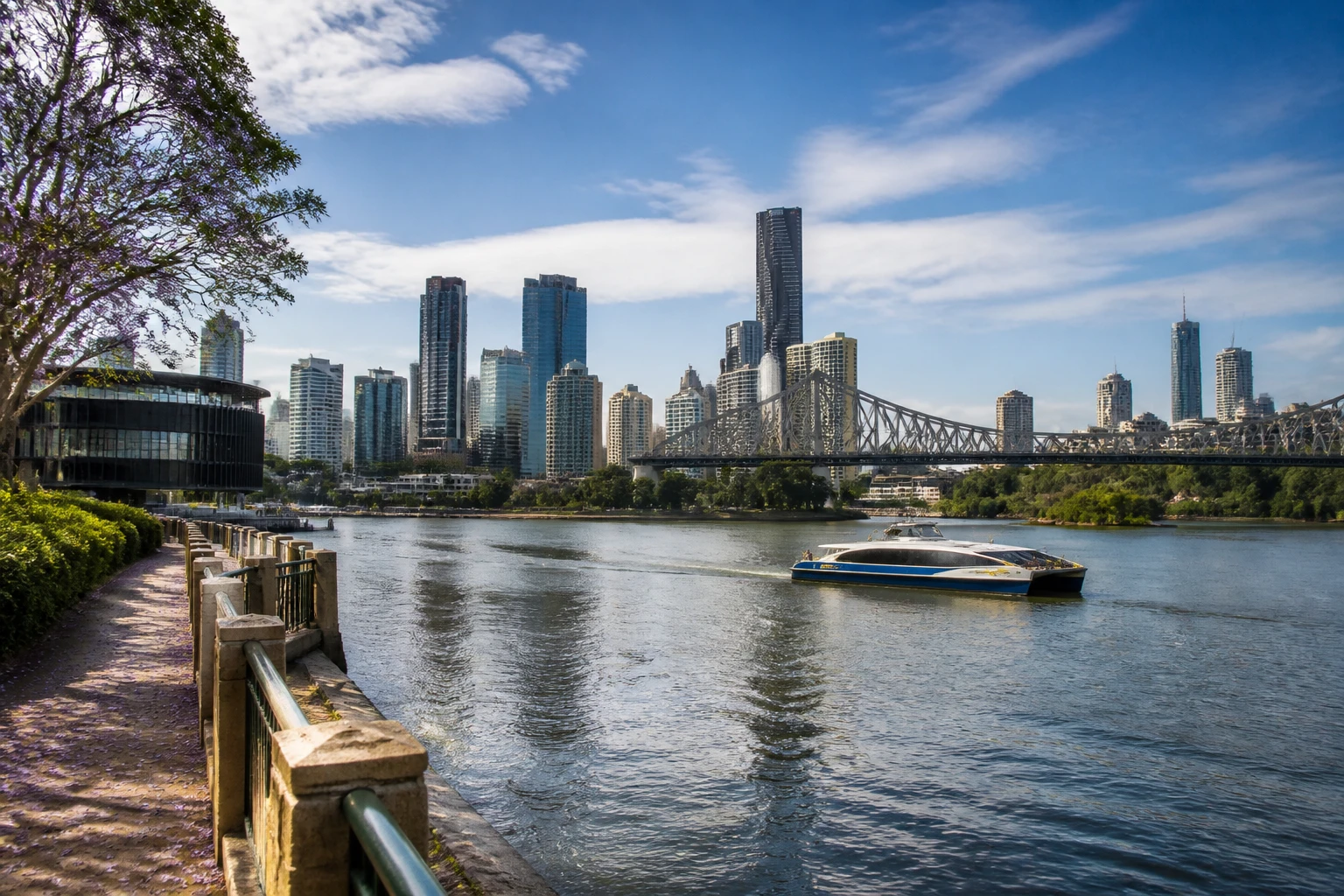 Representative city destination view: Brisbane, Australia; passenger waterfront and harbor water, not an exact landmark photograph.